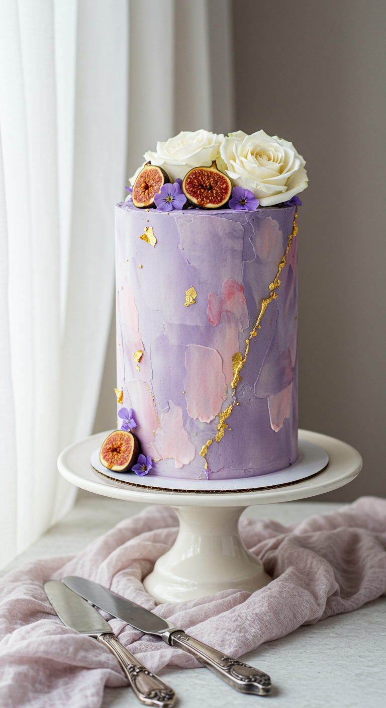 Hohe, lila-rosa Torte mit Gold, Feigen und weißen Rosen.