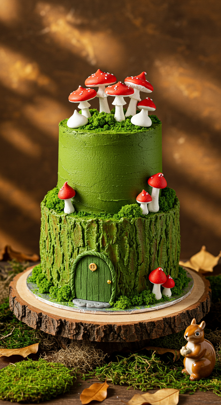 Zweistöckige grüne Torte als Baumstumpf mit Marzipanpilzen und Moosdeko.
