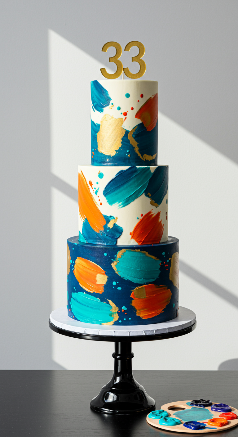 Dreistöckige Torte mit abstrakten Pinselstrichen in Blau, Orange, Türkis, Gold, Zahl 33.