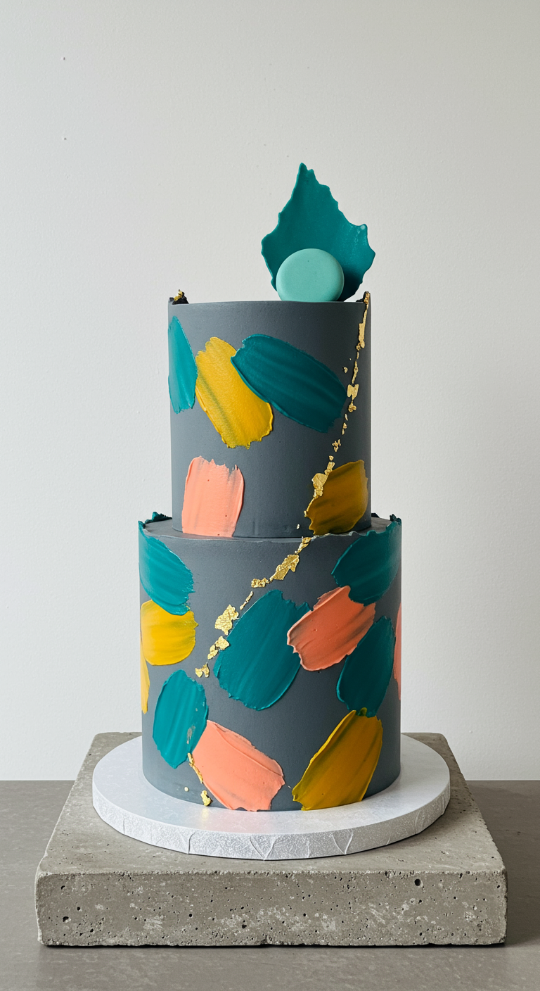 Zweistöckige graue Torte mit bunten Pinselstrichen und Goldakzenten.