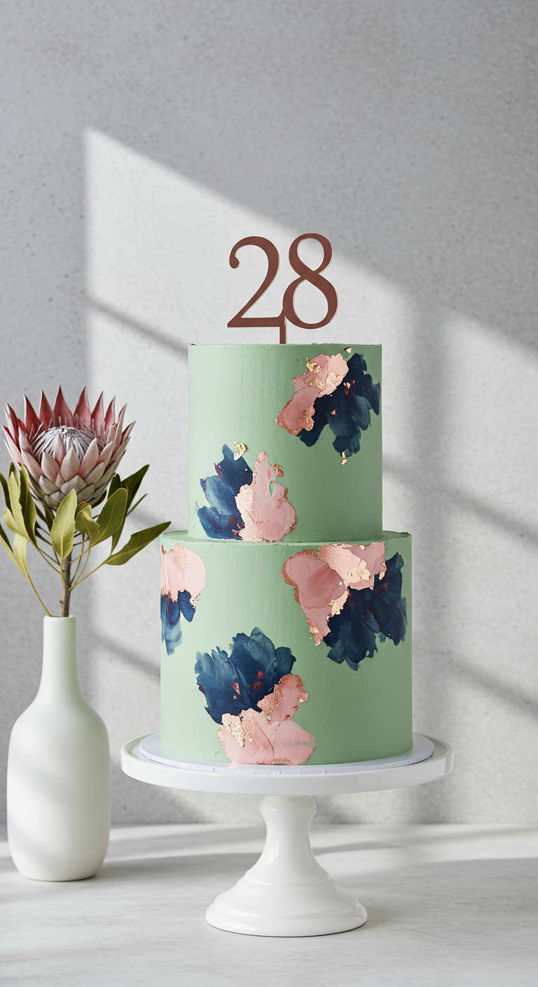 Zweistöckige mintgrüne Torte mit abstrakten Pinselstrichen und Goldakzenten, Zahl 28 Topper.