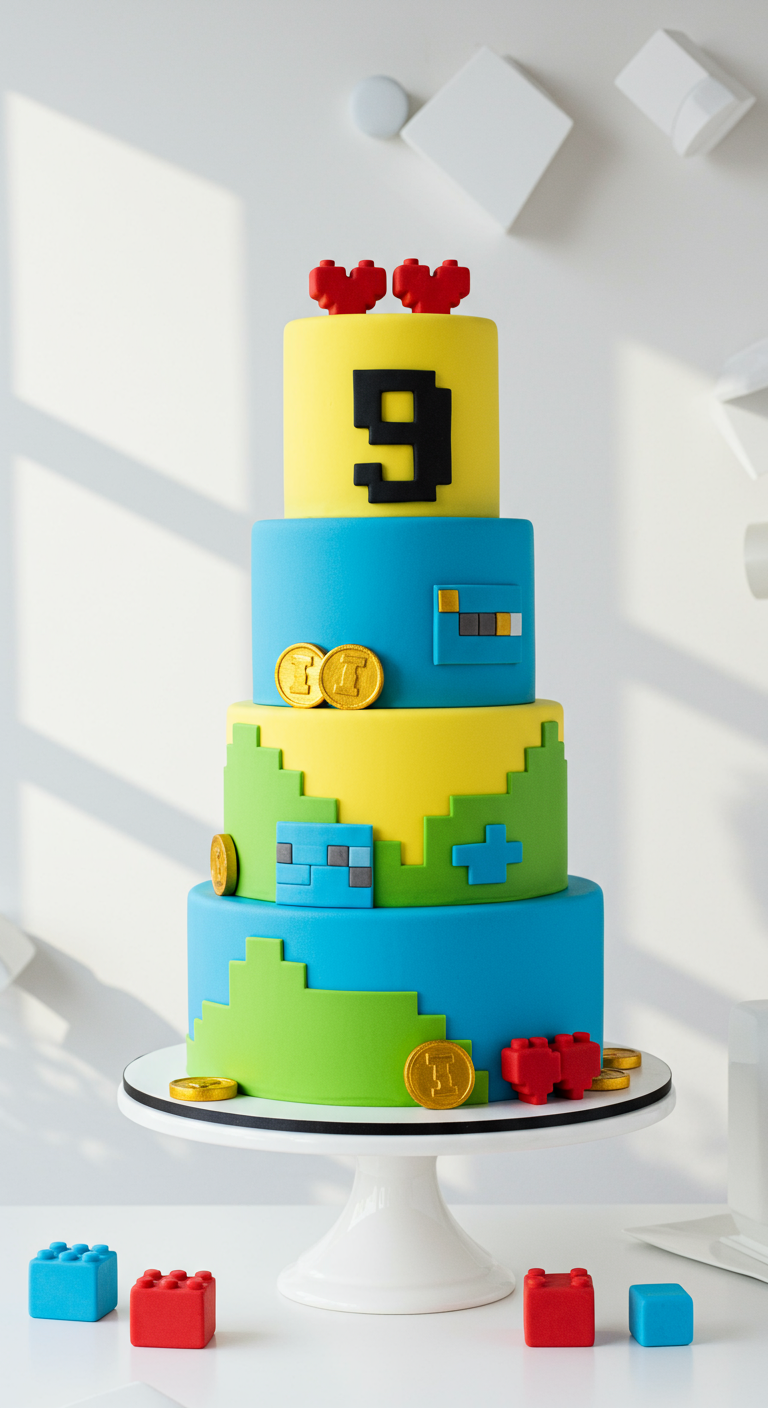 Bunte, mehrstöckige Torte im Pixel-Look mit einer großen Neun und Goldmünzen.