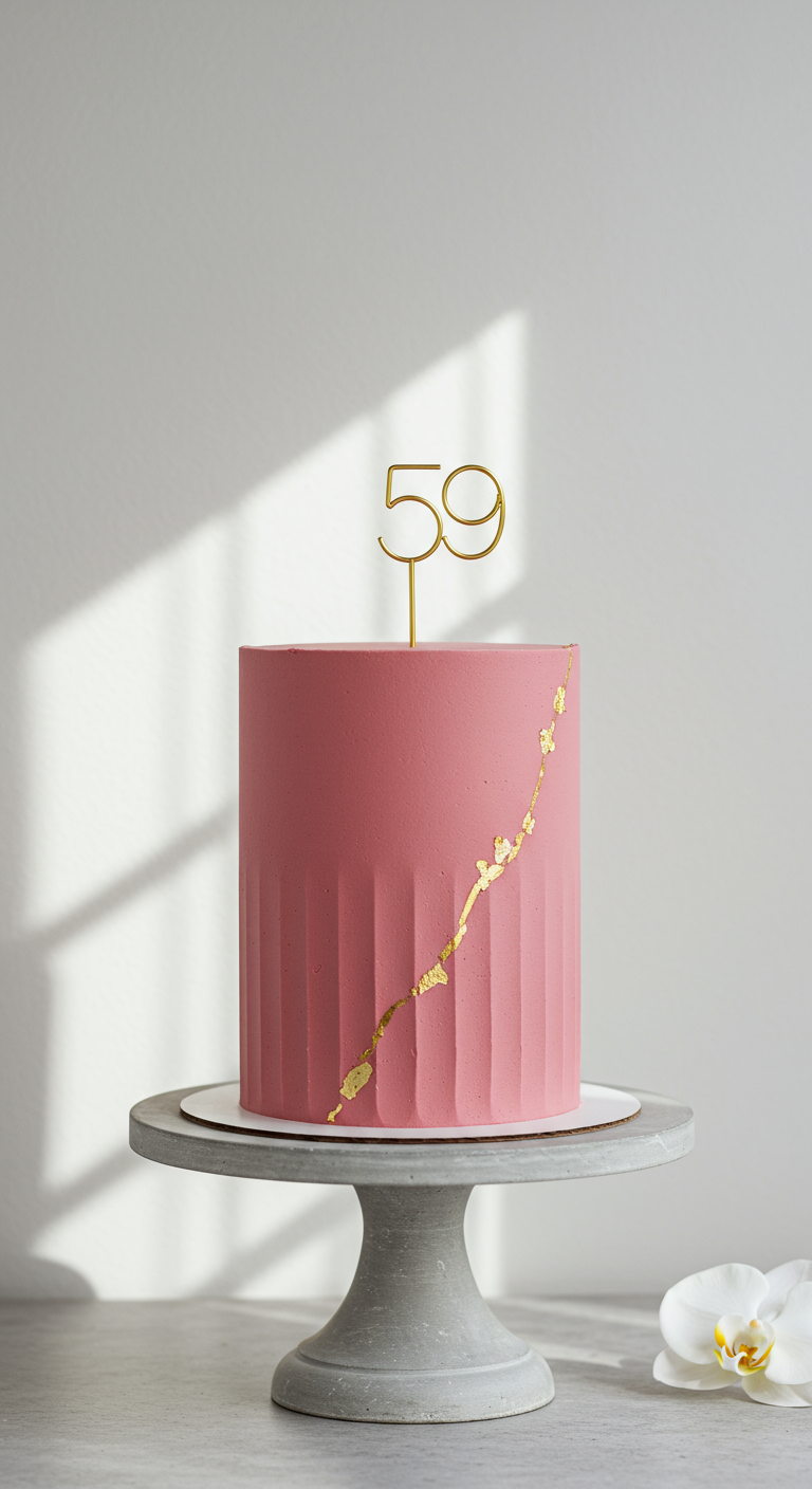 Hoher rosa Kuchen mit goldenem '59' Topper und Goldakzent auf Tortenplatte.