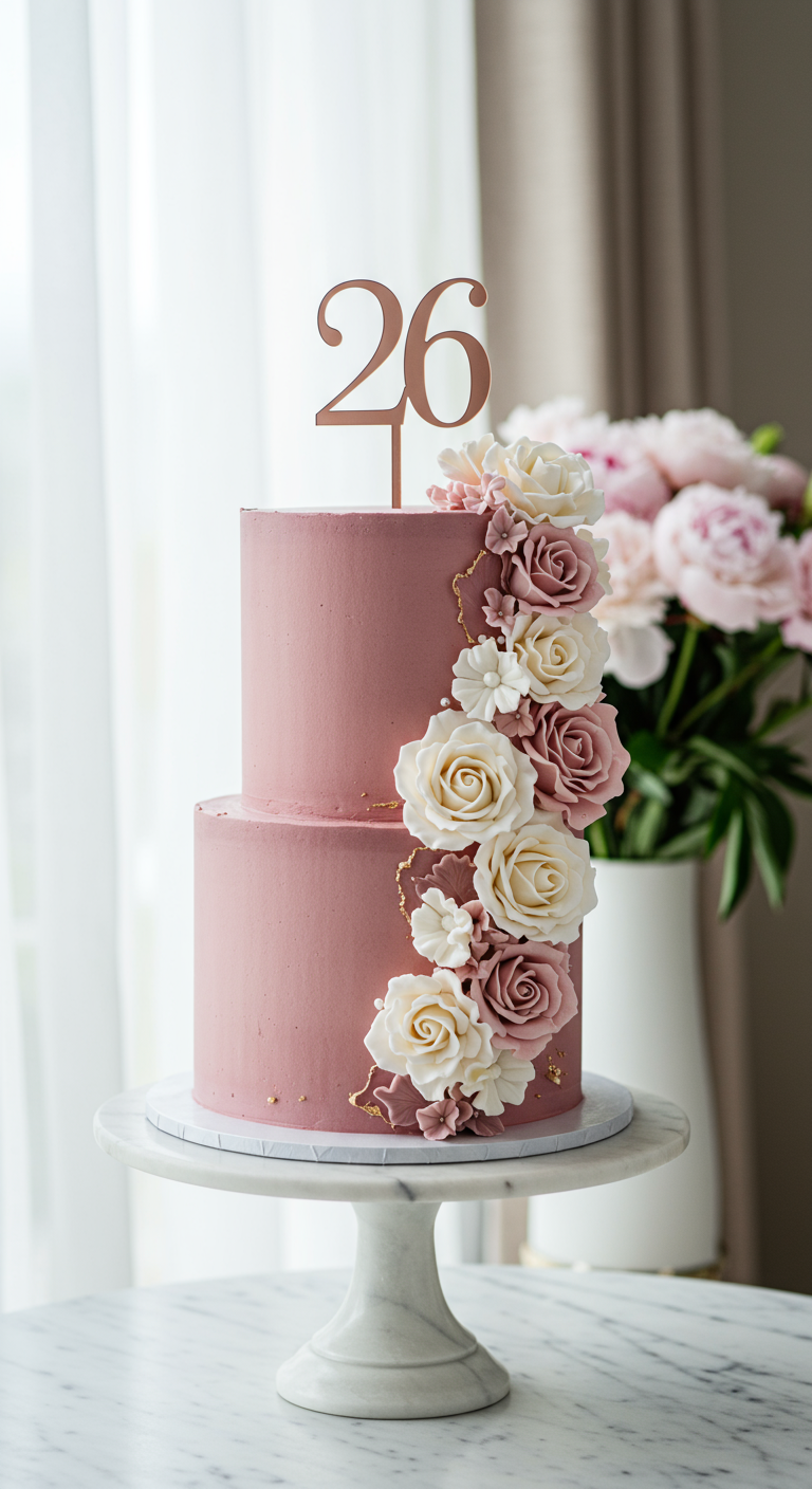 Zweistöckige rosa Torte mit Zuckerblumen und Zahl 26.