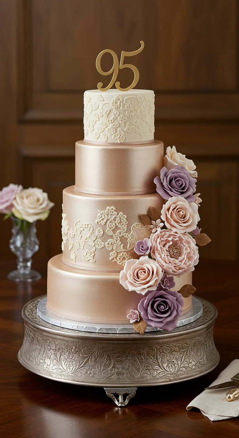 Vierstöckige Roségold-Torte mit lila und rosa Zuckerblumen und „95“-Topper.