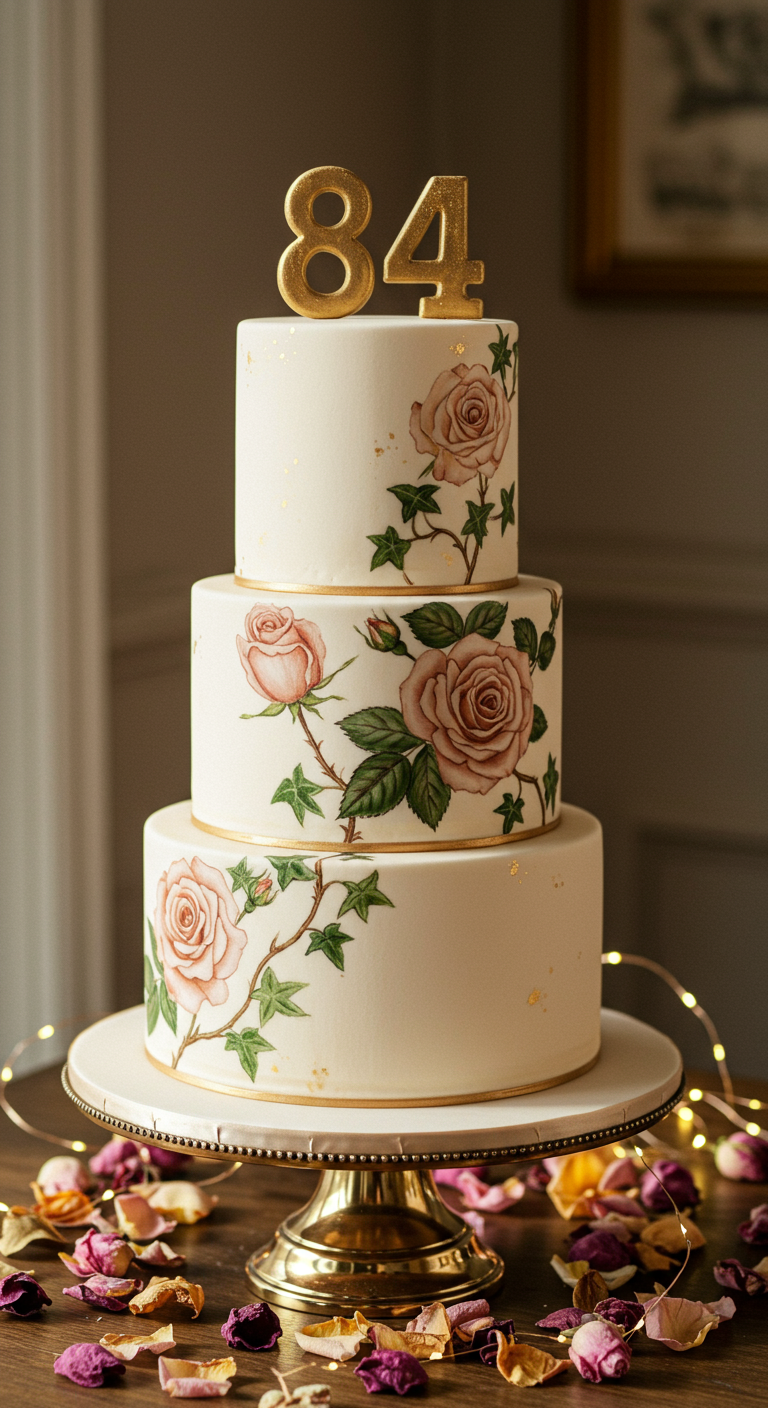Dreistöckige weiße Torte mit handgemalten rosa Rosen und goldener Zahl 84.
