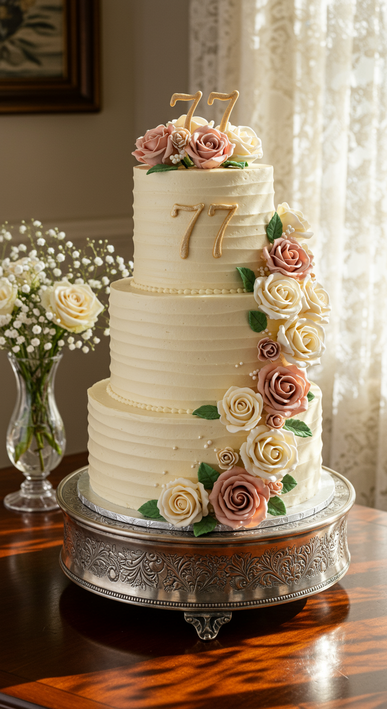 Dreistöckige Cremetorte mit Buttercreme-Rosen in Rosa und Beige, goldene Zahl 77.