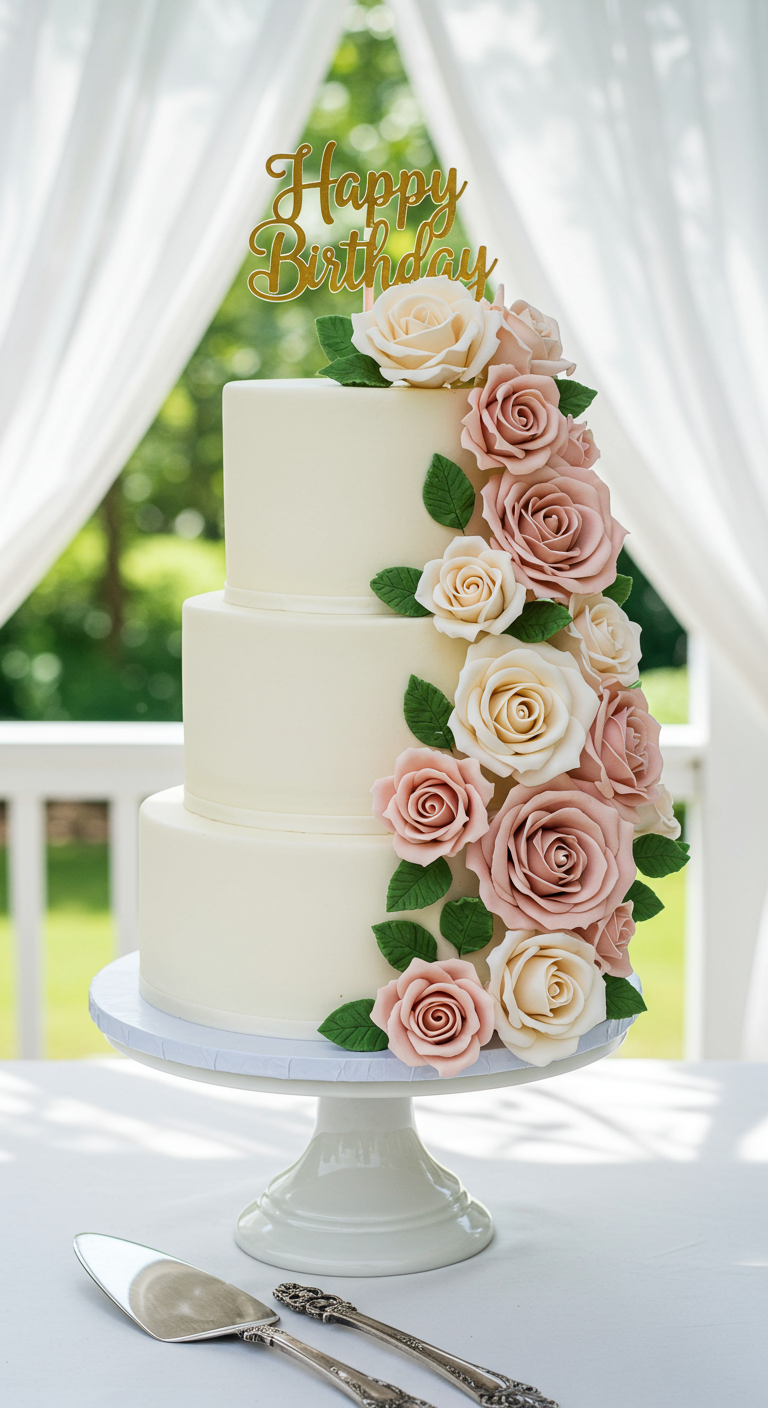 Dreistöckige Torte mit rosa und weißen Zuckerrosen und goldenem