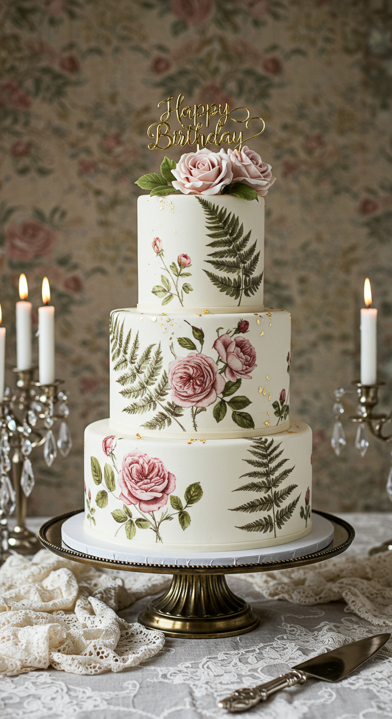 Dreistöckige Vintage-Torte mit handgemalten Rosen und Farnen