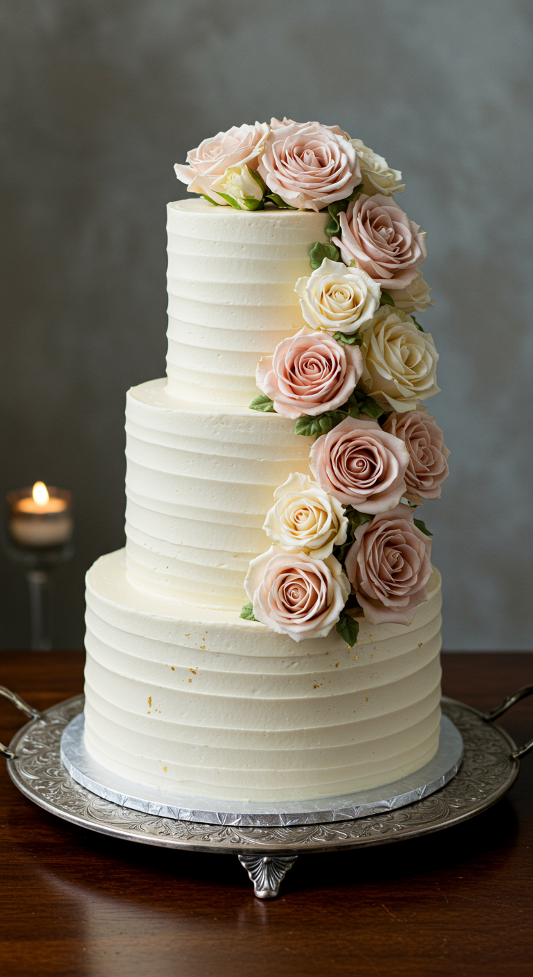 Dreistöckige weiße Buttercremetorte mit zarten rosa und weißen Rosen als Kaskade.