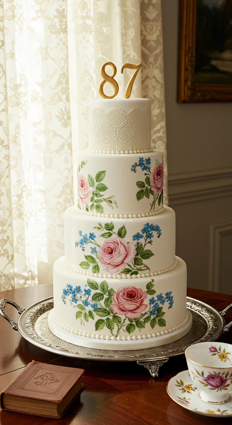 Vierstöckige weiße Torte mit handgemalten Rosen und goldenem 87-Topper.