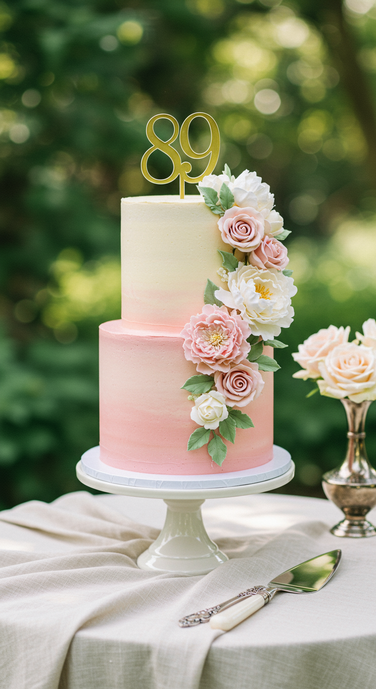Zweistöckige Torte mit rosa-weißem Ombré-Effekt und Zuckerrosen, goldener