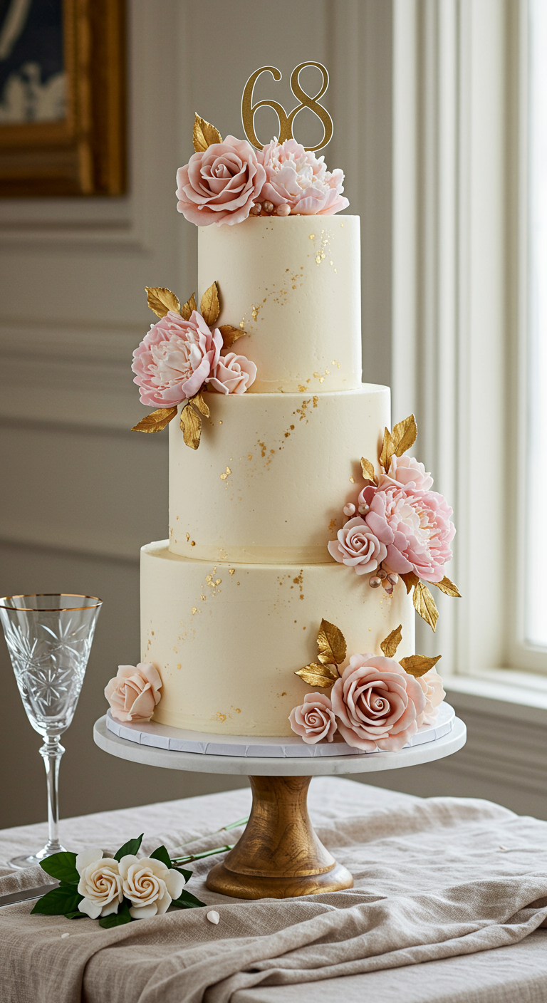 Dreistöckige weiße Torte mit rosa Zuckerrosen, goldenen Blättern und