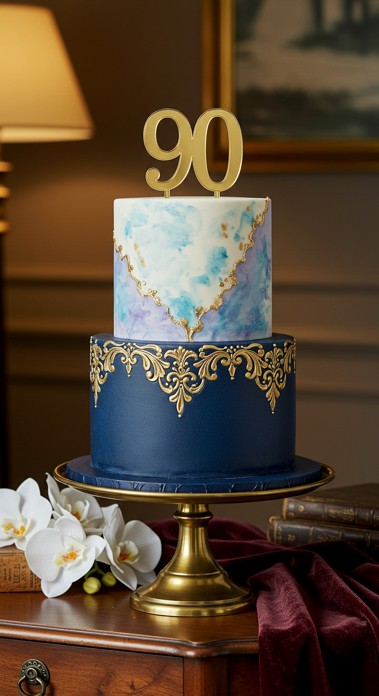 Zweistöckige Torte zum 90. Geburtstag, unten dunkelblau mit Gold, oben weiß-blau-lila Aquarell.