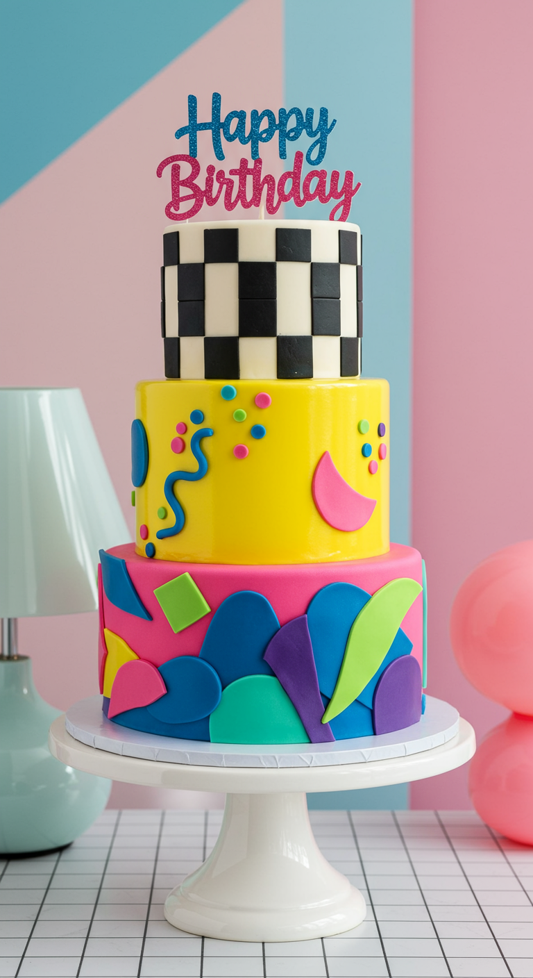 Dreistöckige Memphis-Torte mit Schachbrett und bunten Formen.