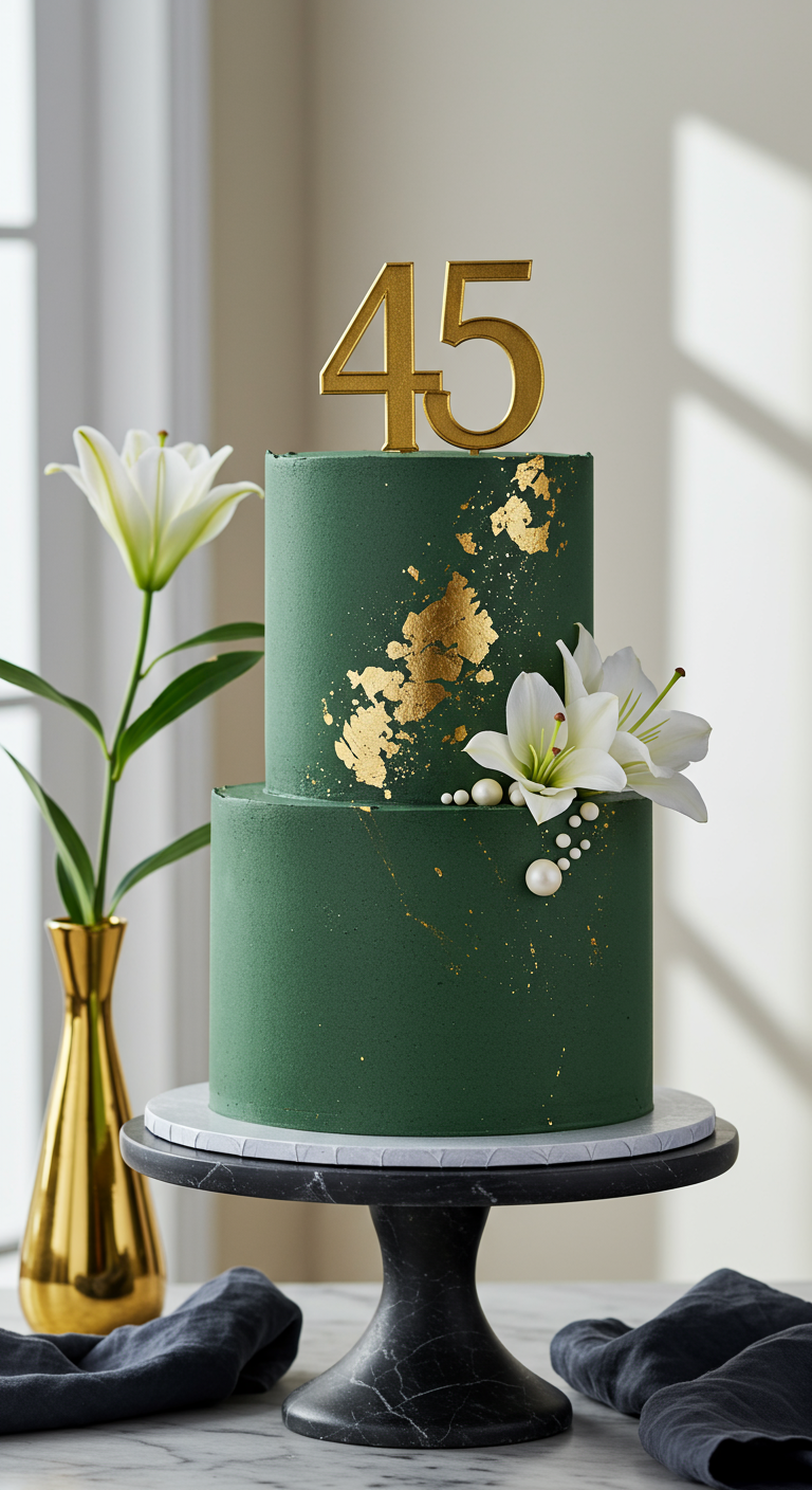 Zweistöckige smaragdgrüne Torte mit Goldakzenten und echten Lilien.