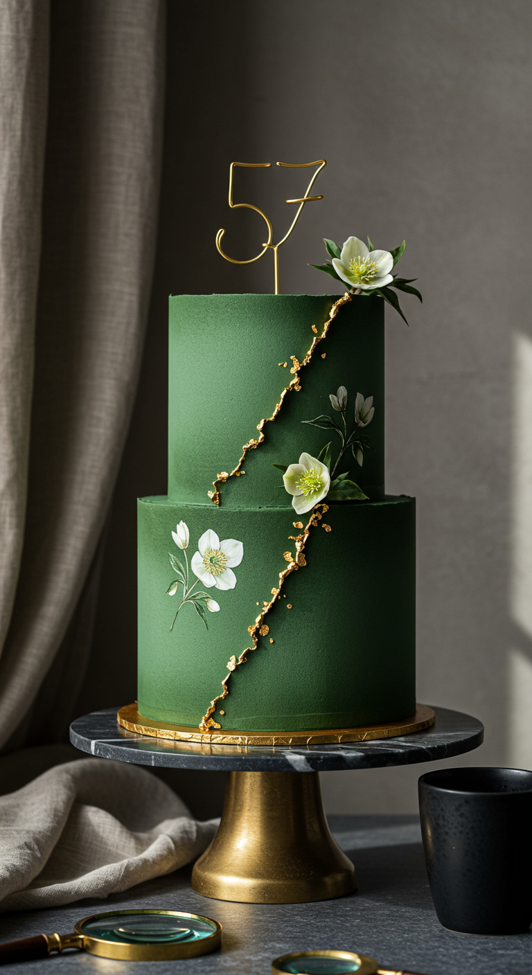 Dunkelgrüne zweistöckige Torte mit Golddetails und weißen Blüten, Zahl 57.
