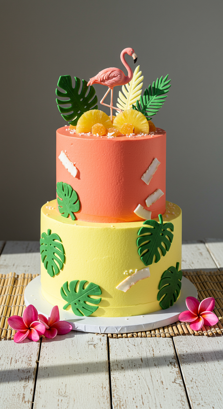 Zweistöckige Tropen-Torte mit Flamingo, Ananas und Monstera-Blättern.