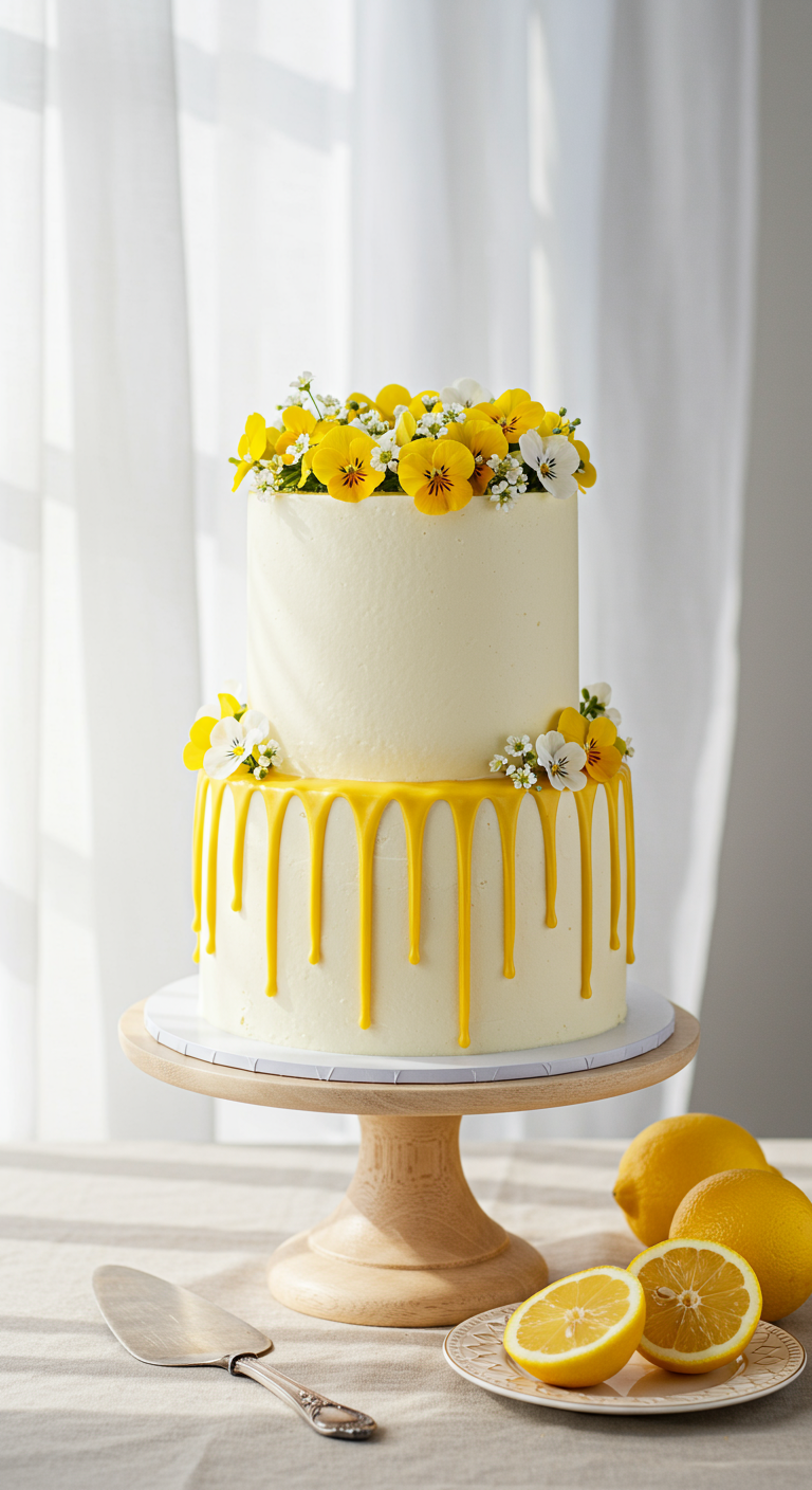 Zweistöckige weiße Torte mit gelbem Drip und essbaren gelben und weißen Stiefmütterchen.