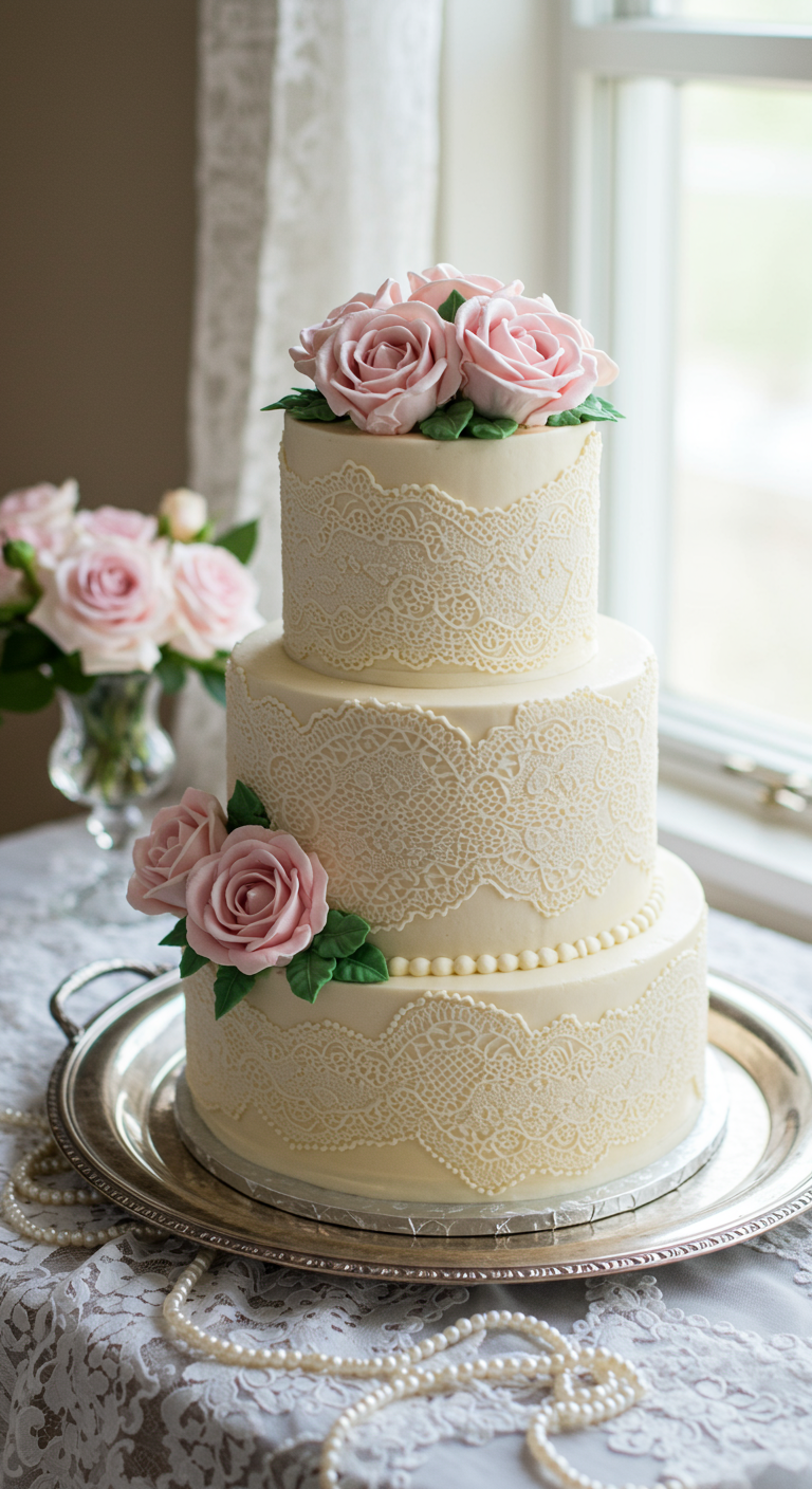 Dreistöckige Hochzeitstorte mit rosa Rosen und Spitzenmuster.
