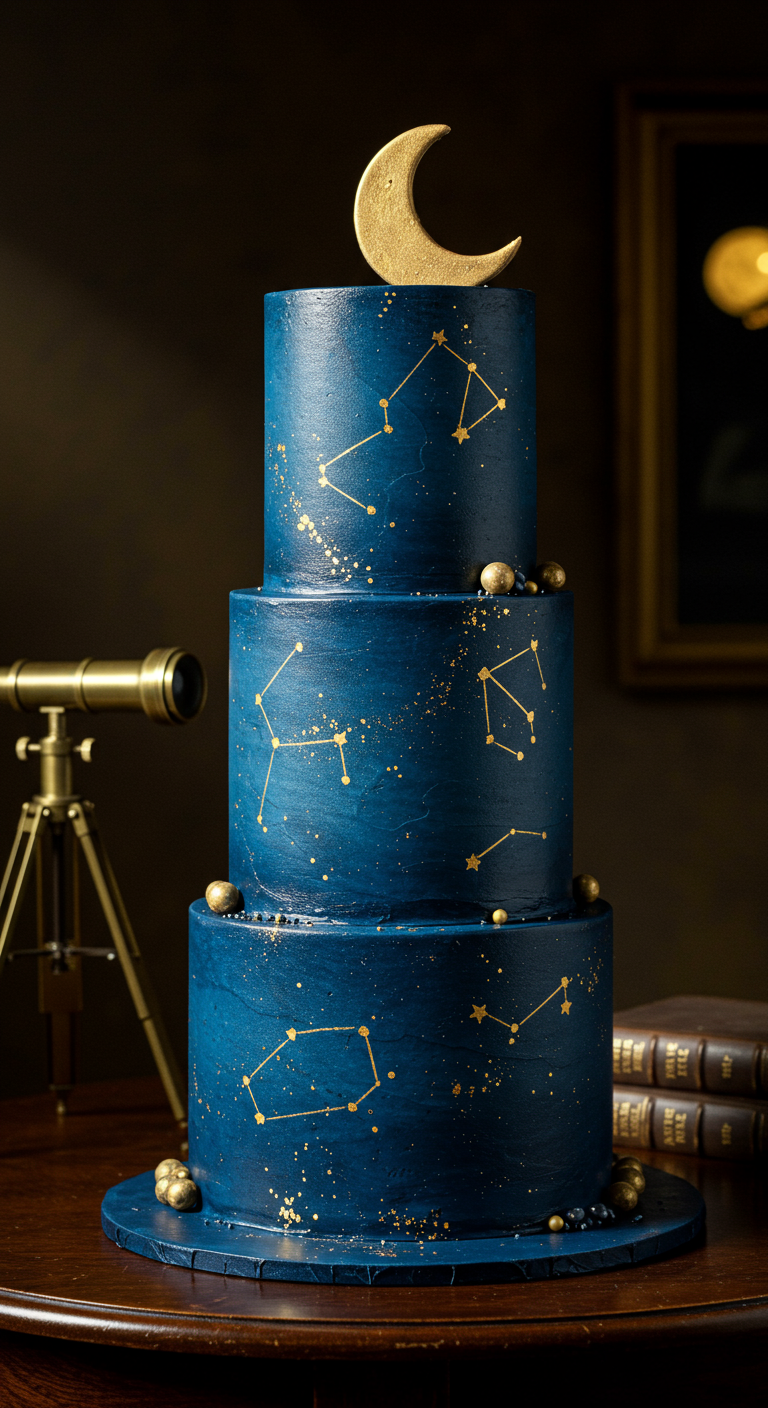 Dunkelblaue dreistöckige Torte mit goldenen Sternbildern und Halbmond.