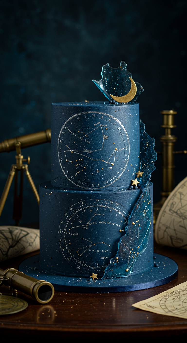 Zweistöckige dunkelblaue Torte mit Sternbildern und goldenem Mond.