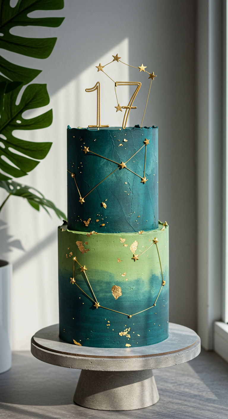 Zweistöckige blaugrüne Torte mit Goldsternen und Zahl 17.