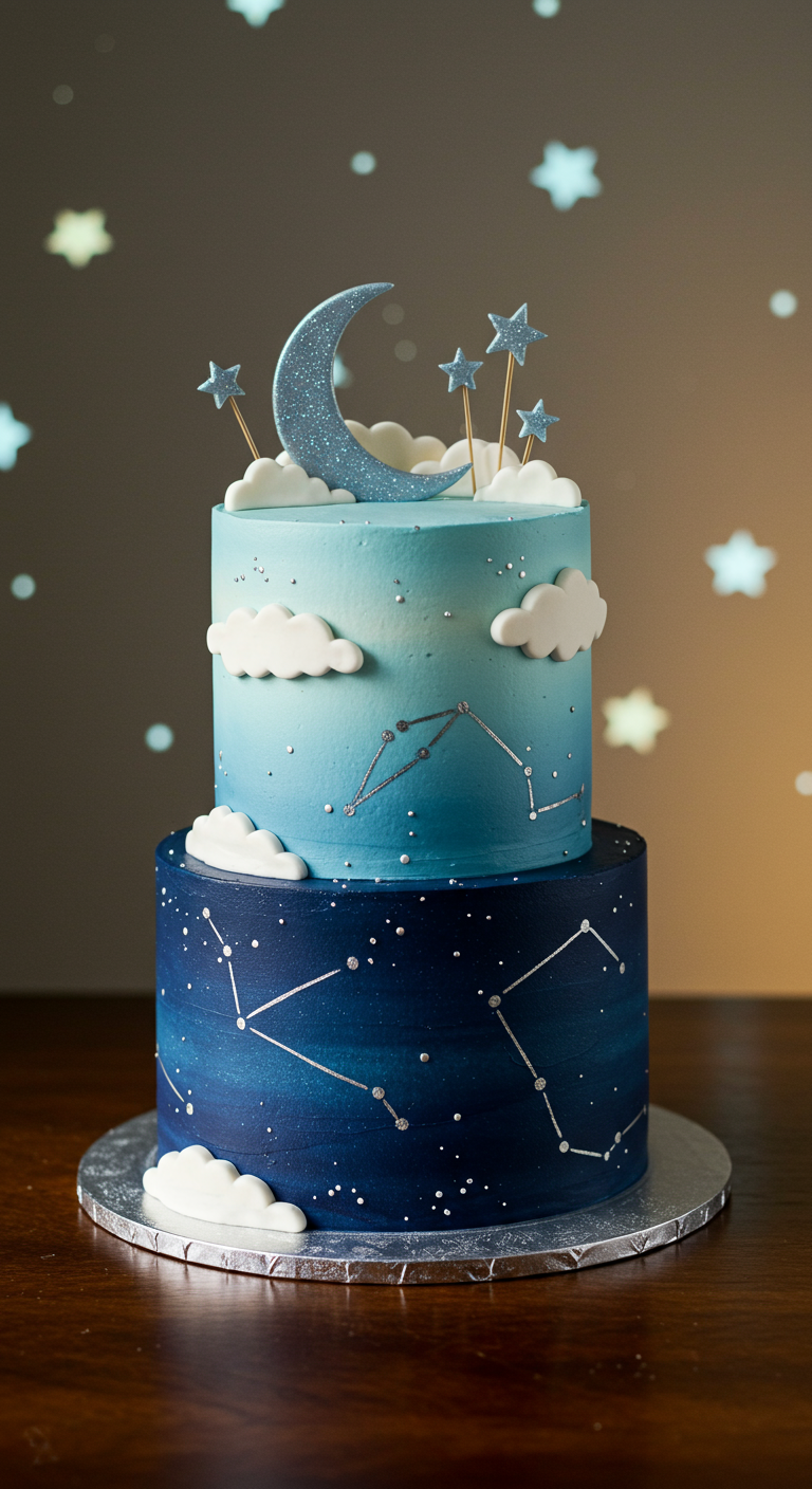 Zweistöckige Torte mit Nachthimmel-Motiv, Mond und Sternen