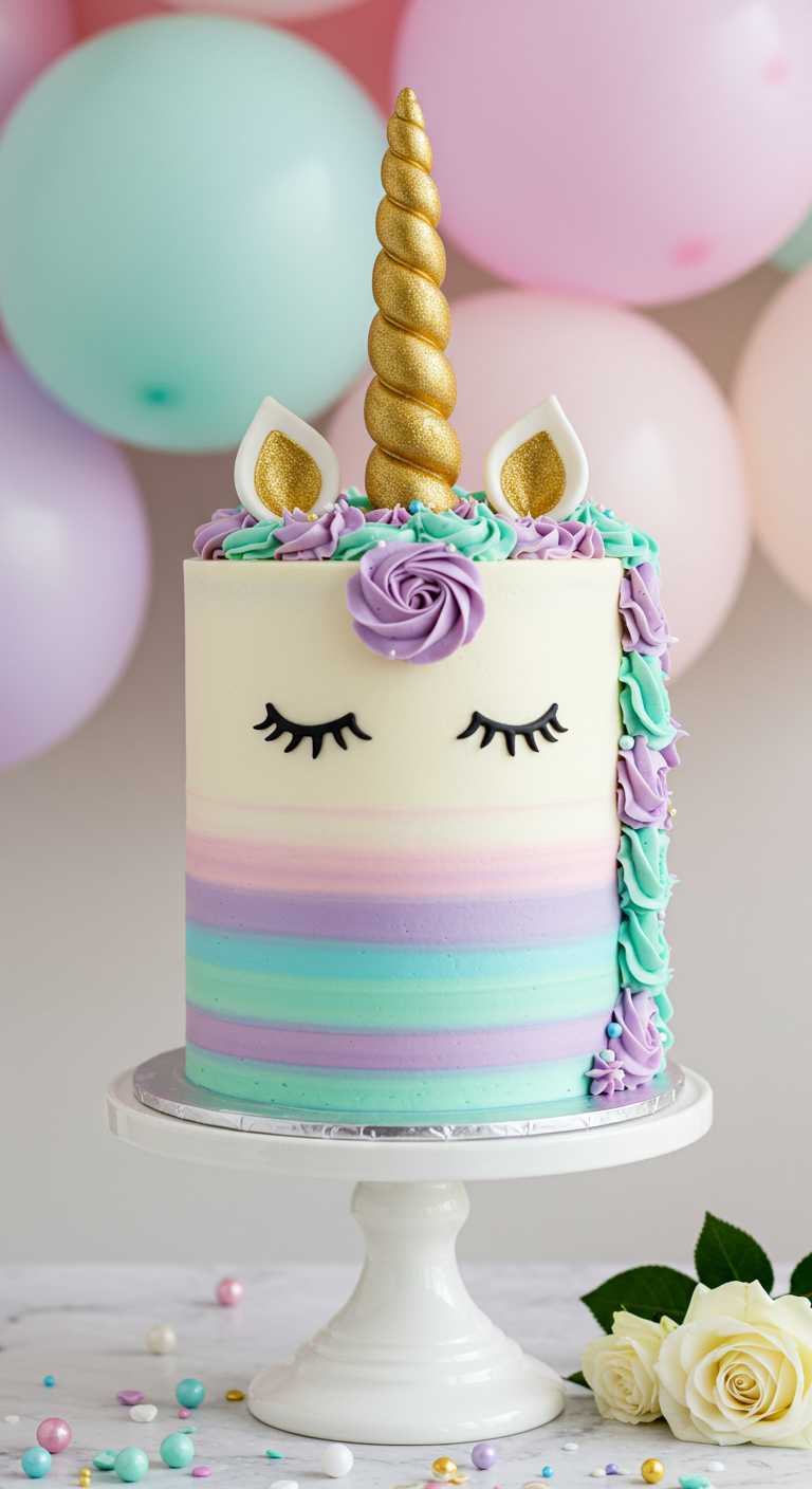 Einhorntorte mit Pastellstreifen in Lila, Blau, Türkis und goldenem Horn.