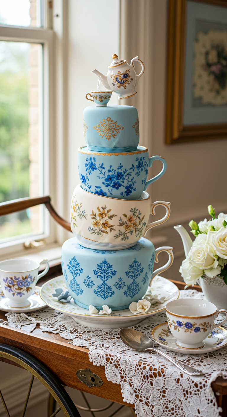Mehrstöckige Torte in Form gestapelter blauer und weißer Teetassen mit Golddetails.