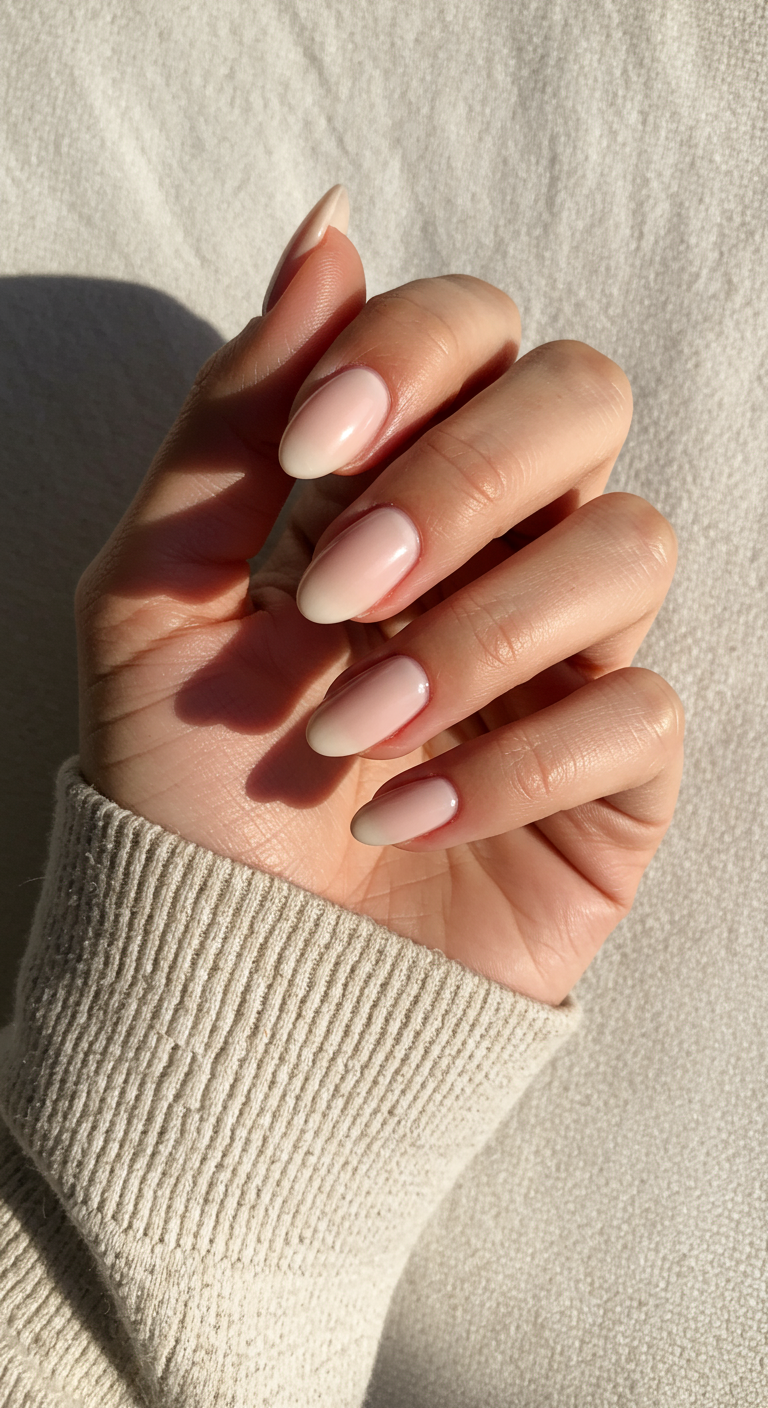 Ovale Babyboomer-Nägel in sanftem Nude-Verlauf.