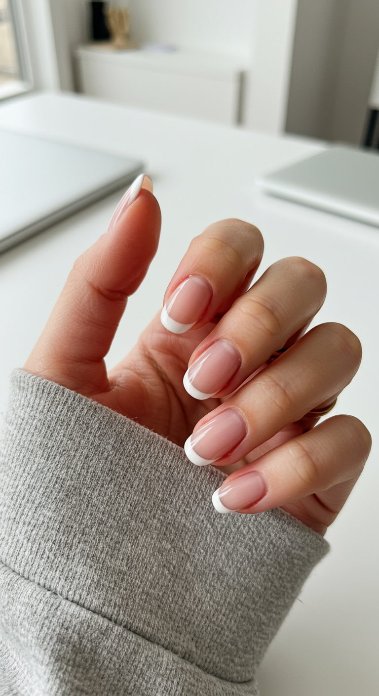 Klassische weiße French Manicure auf mittellangen Mandel-Nägeln.