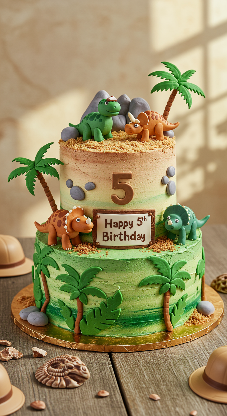 Zweistöckige Dino-Mottotorte mit grüner Buttercreme und Spielzeug-Dinos.