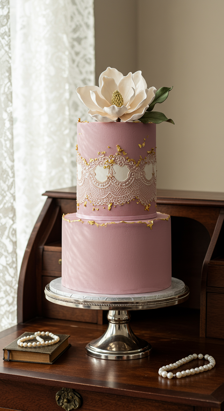 Zweistöckige rosa Torte mit weißem Spitzenmuster und großer weißer Zuckerblume.