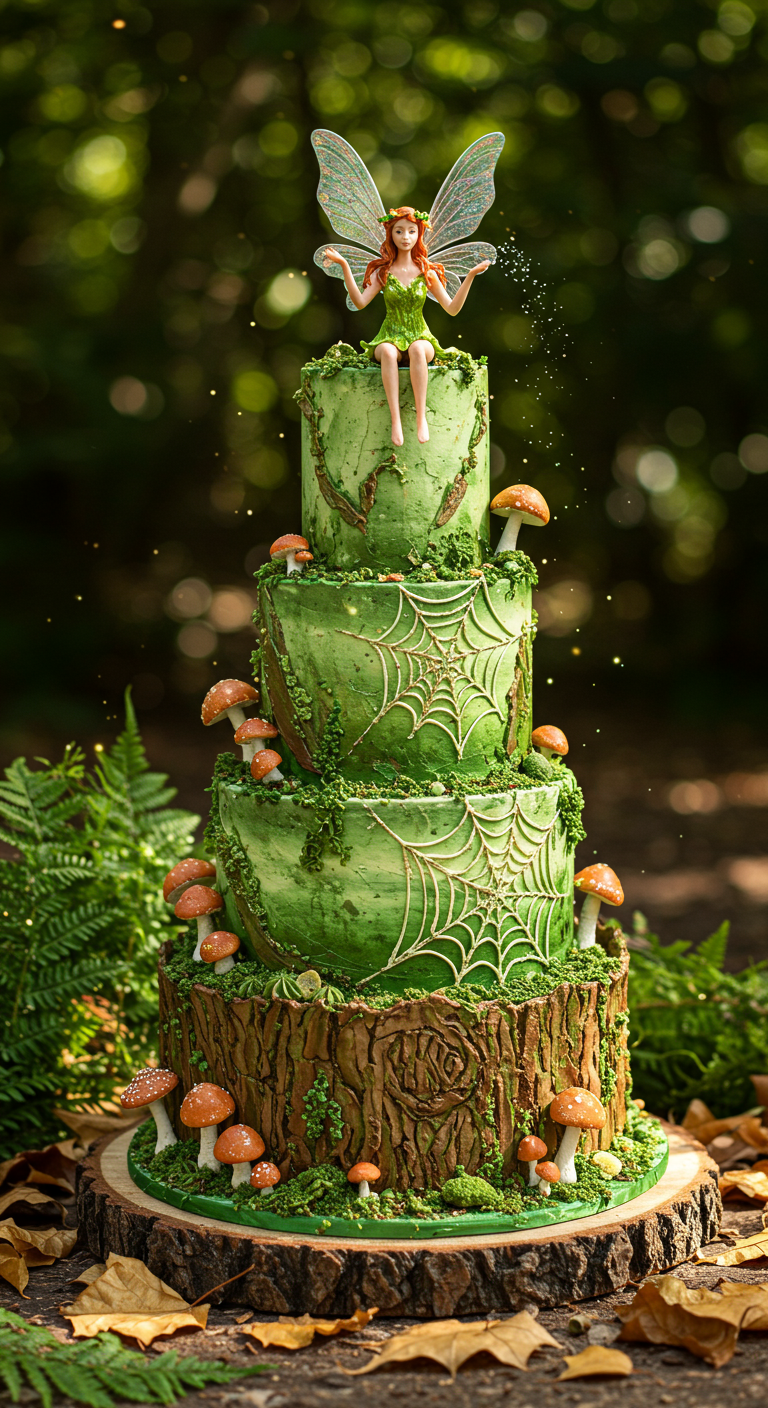 Mehrstöckige grüne Waldfee-Torte mit Pilzen und Spinnweben