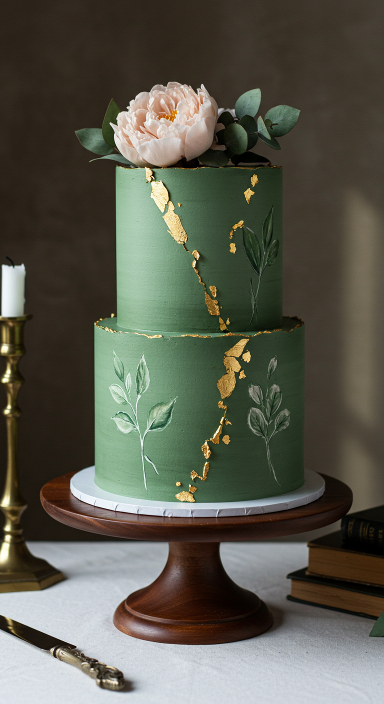 Zweistöckige salbeigrüne Torte mit Goldakzenten und Pfingstrose.