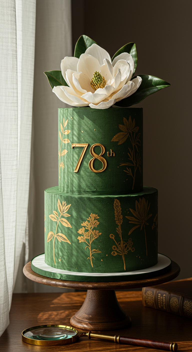 Zweistöckige dunkelgrüne Torte mit goldenen Pflanzenmotiven und großer weißer Zuckerblume.