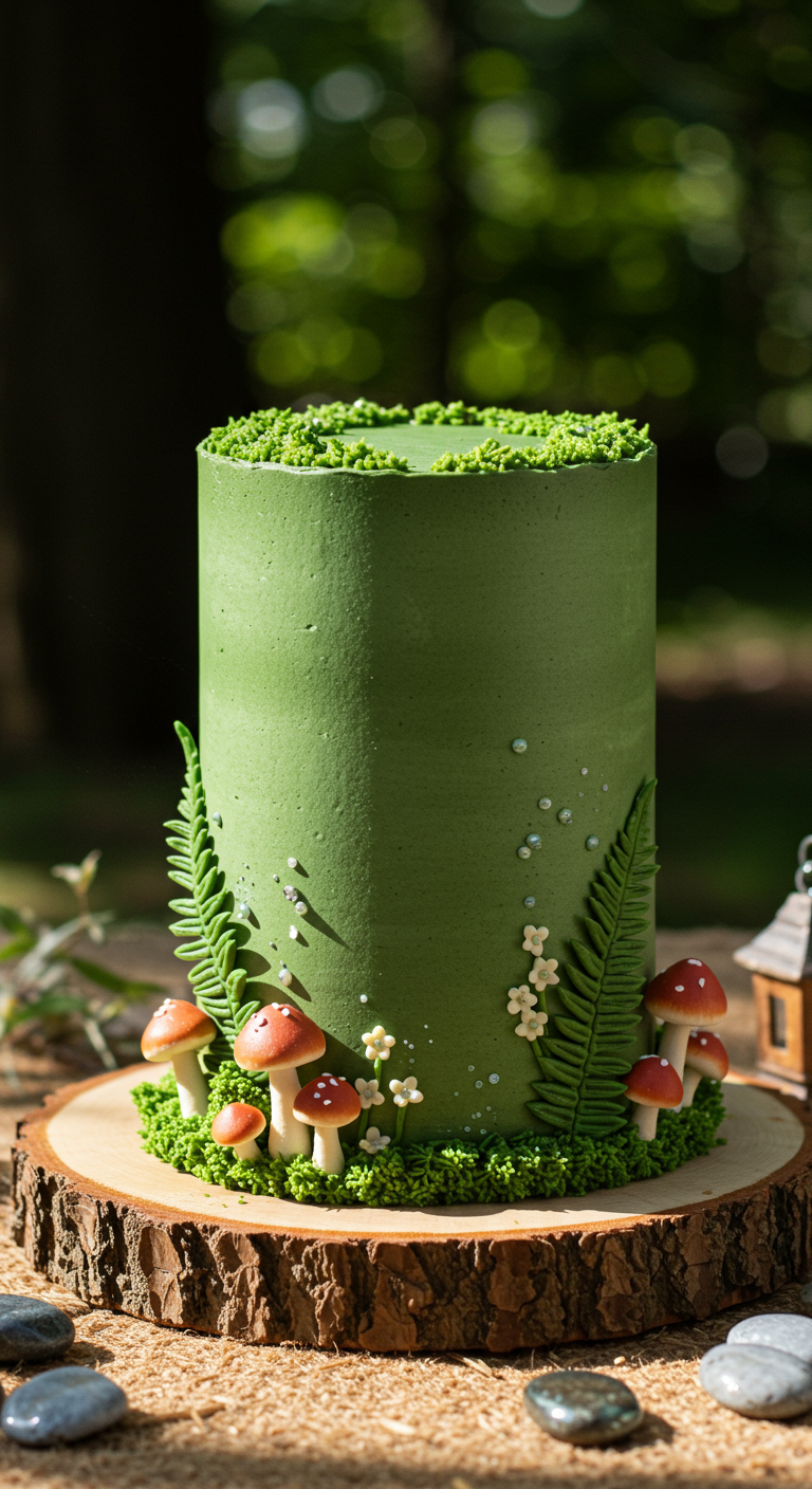 Hohe, moosgrüne Torte mit Farn, Mini-Fliegenpilzen und Tautropfen-Perlen auf Baumscheibe.