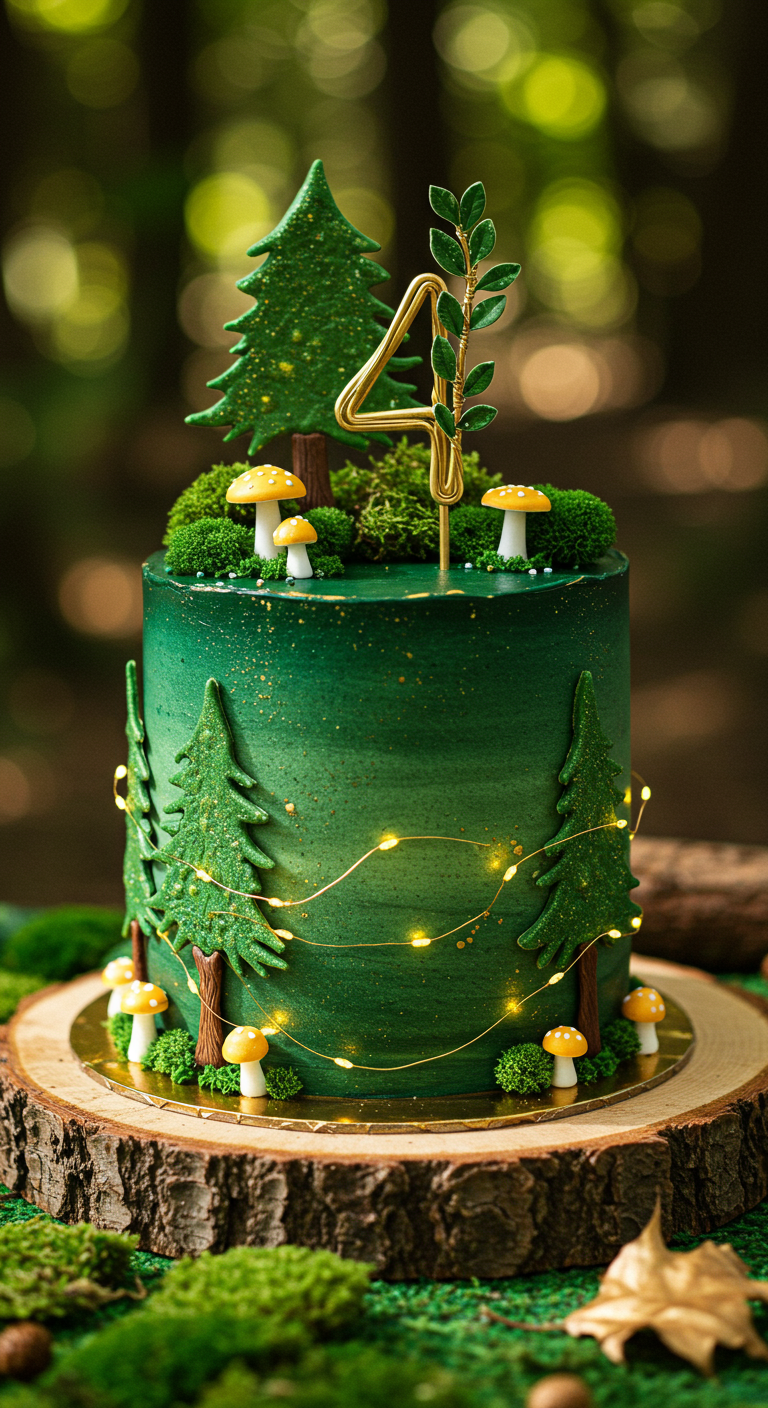 Grüne Waldtorte mit Bäumen, Pilzen, Lichterkette und goldener 4.