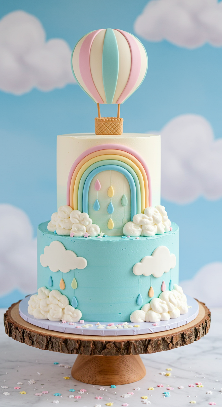Zweistöckige Torte mit Heißluftballon-Topper und Regenbogen-Deko.