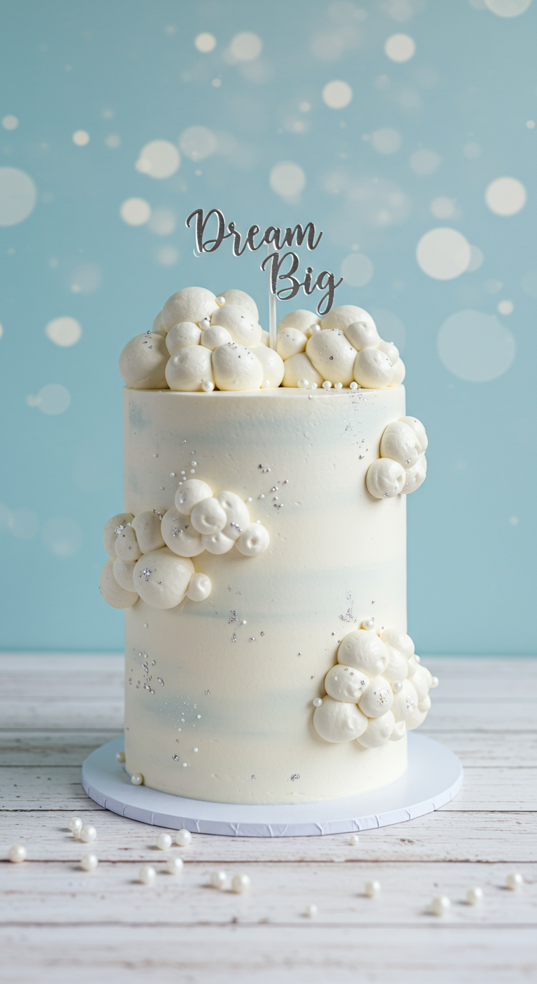 Hohe weiße Torte mit Buttercreme-Wolken und
