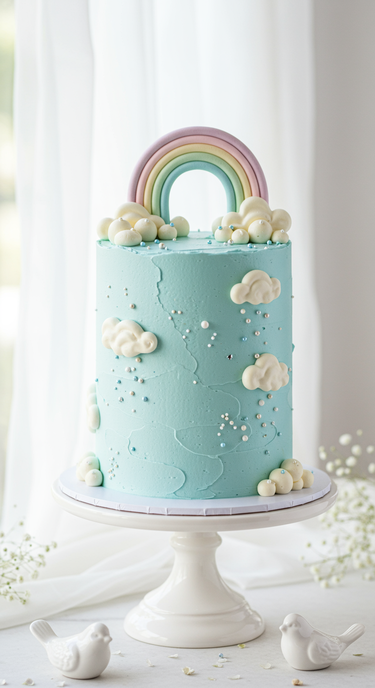 Hohe, hellblaue Buttercreme-Torte mit Regenbogen-Topper und Zuckerwolken.