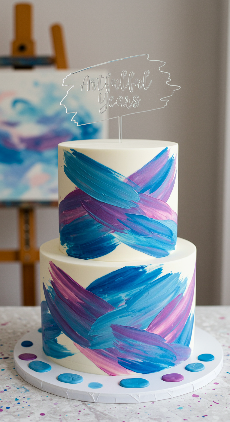 Zweistöckige weiße Torte mit abstrakten Pinselstrichen in Blau und Lila.