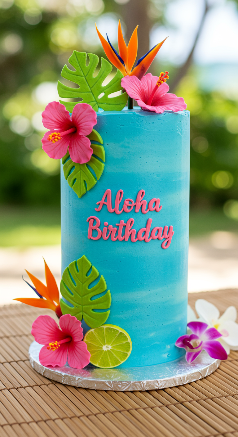 Hohe blaue Torte dekoriert mit tropischen Blüten, Blättern und 'Aloha Birthday' Schriftzug.