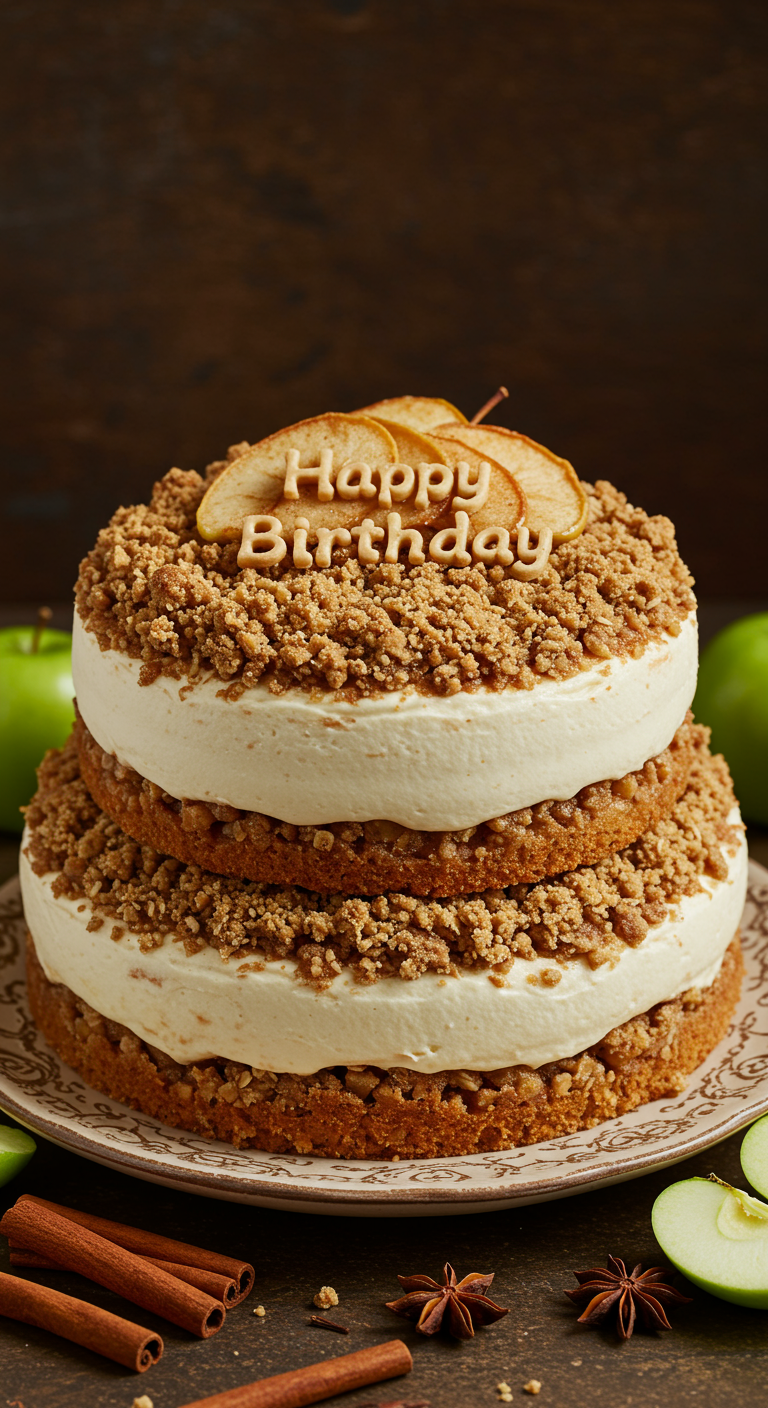Zweischichtiger Apfel-Streusel-Kuchen mit dicker Cremefüllung und getrockneten Apfelscheiben.