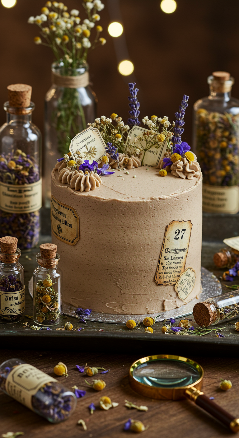 Helle Torte mit Apotheker-Etiketten, getrockneten Kräutern und Blüten.