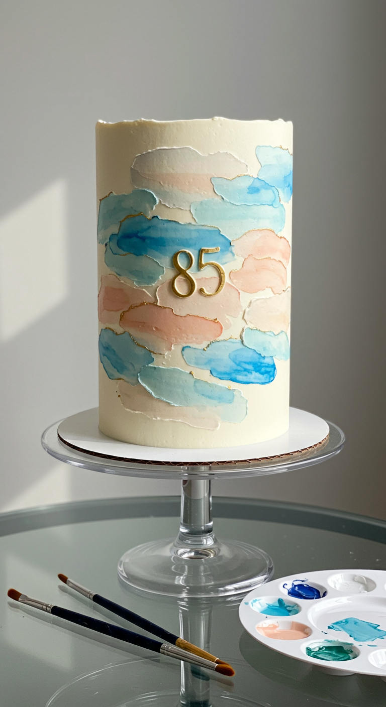 Hohe weiße Torte mit abstrakten Aquarell-Pinselstrichen in Rosa und Blau, goldene 85.