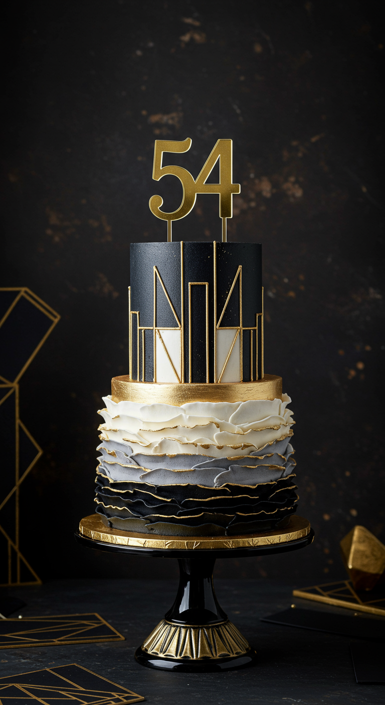 Zweistöckige Art-Déco-Torte: oben schwarz-goldene Muster, unten schwarz-grau-weiße Rüschen mit Goldrand,
