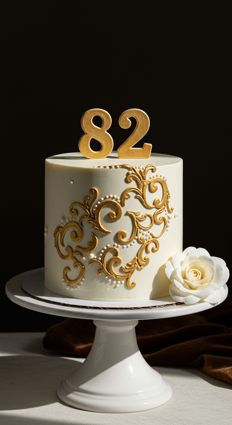 Weißer Kuchen mit eleganten goldenen Barock-Ornamenten und einer einzelnen weißen Rose.