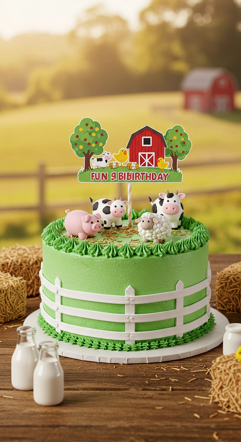 Grüne Bauernhof-Torte mit Zaun, Scheunen-Topper und niedlichen Tierfiguren aus Fondant.
